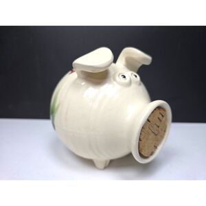 Vtg. Stonewear Pottery Piggy Bank Cork Nose Hand Painted Ceramic 4" X 4" Hog